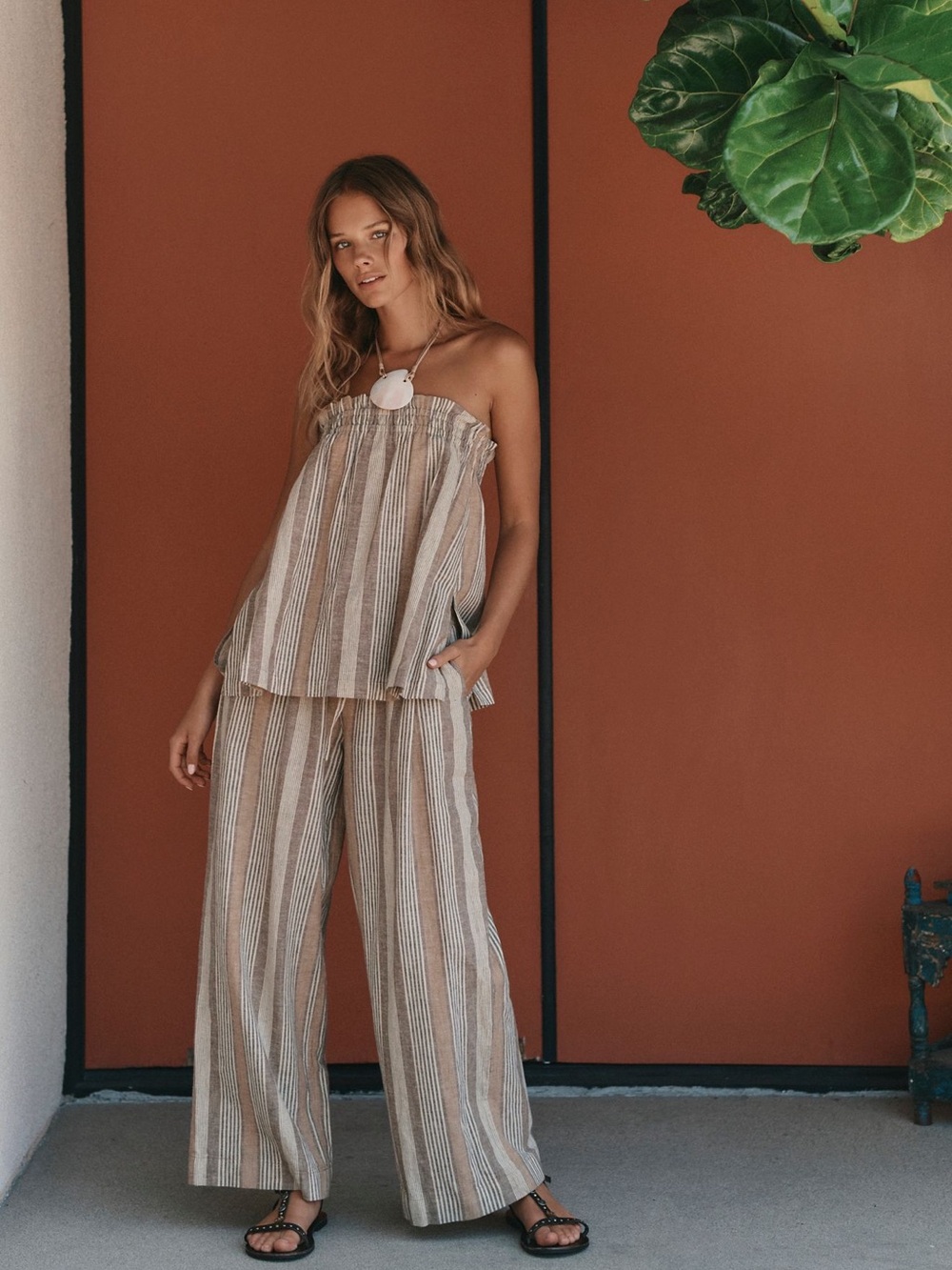 Free People Corfu Striped Cotton-Linen Set in Brown